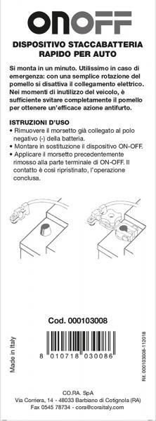Cora Dispositivo staccabatteria rapido per auto On-Off