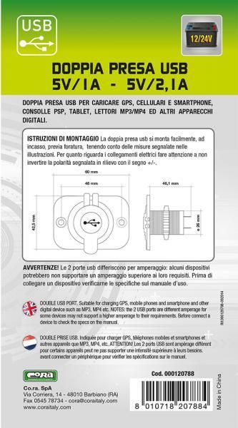 Toma USB doble Cora 5 V/1 A - 5 V/2,1 A