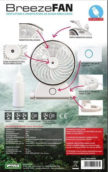 Cora Ventilatore/umidificatore ricaricabile BreezeFan