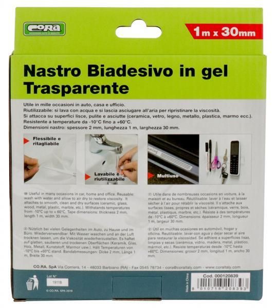 Cinta adhesiva de doble cara de gel transparente Cora de 1 m x 30 mm