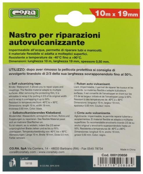 Cinta autovulcanizante negra Cora 10 m x 19 mm