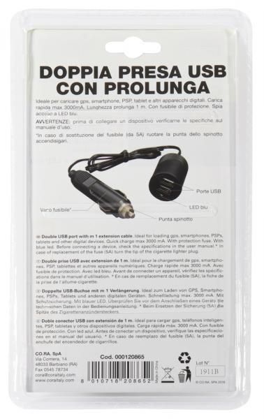 Toma USB doble Cora con cable alargador de 1 m