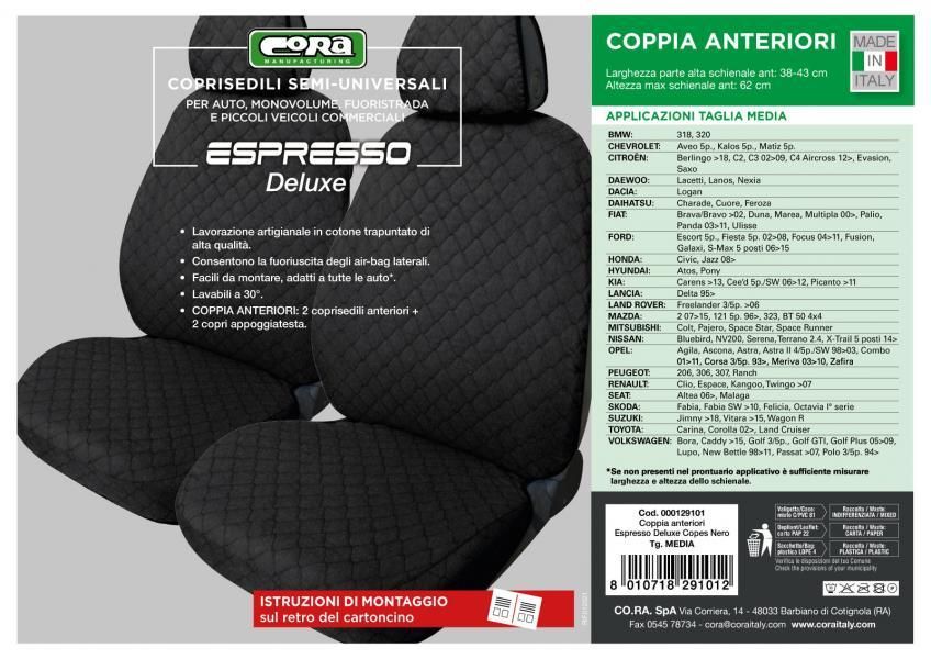 Cora Espresso Deluxe Front Seat Covers, Medium Size, Black Quilted Cotton Fabric