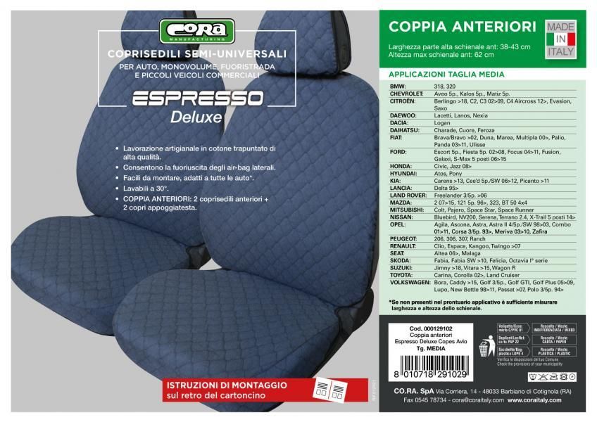 Cora Espresso Deluxe Vordersitzbezüge, mittlere Größe, gesteppter Baumwollstoff, Air Force Blue