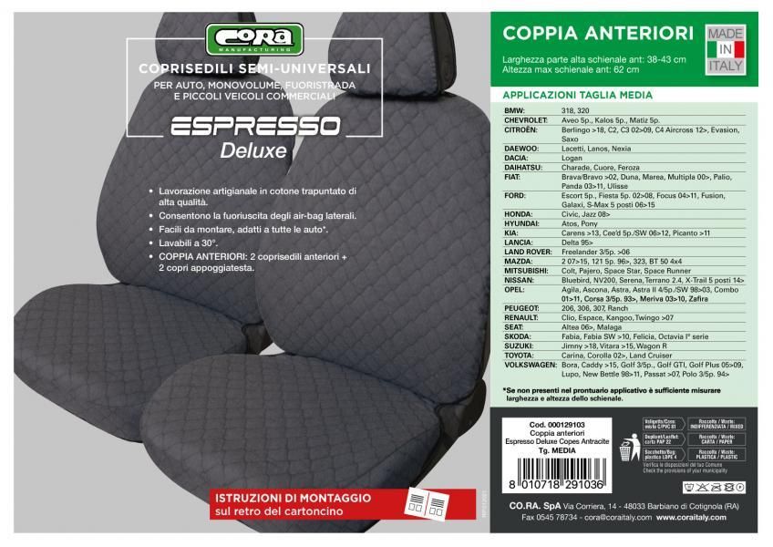 Cora Espresso Deluxe front seat covers, medium size, anthracite quilted cotton fabric