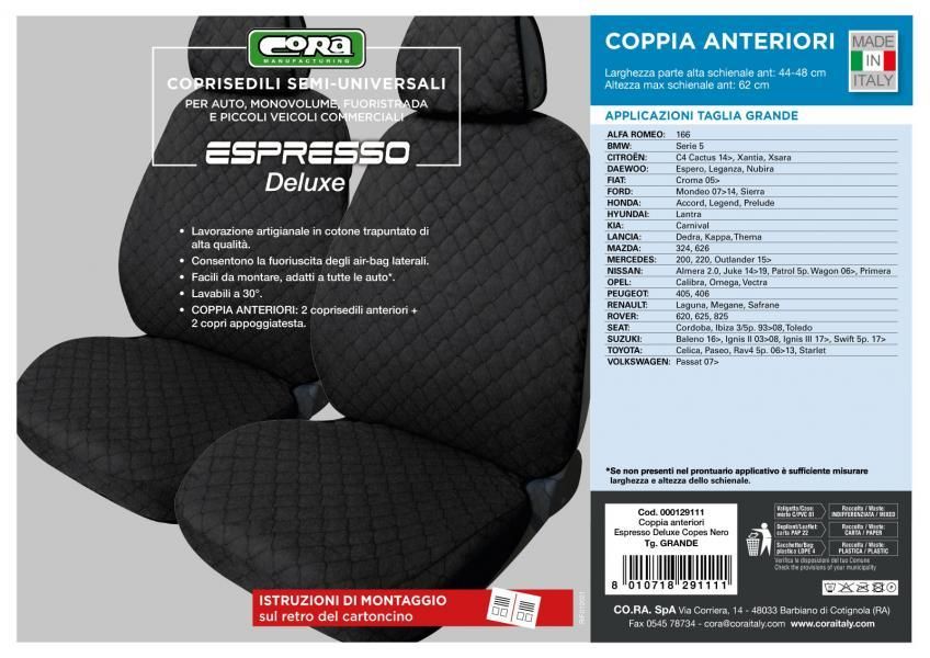 Cora Coprisedili anteriori Espresso Deluxe tg. grande tessuto cotone trapuntato nero