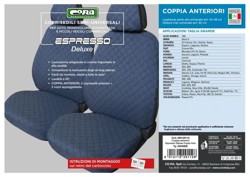 Cora Coprisedili anteriori Espresso Deluxe tg. grande tessuto cotone trapuntato avio