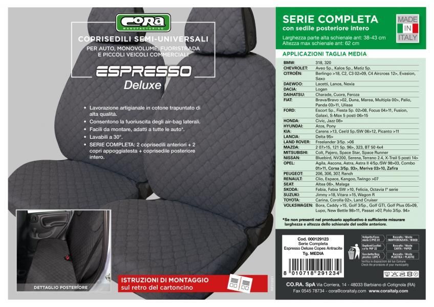 Cora Serie completa coprisedili Espresso Deluxe tg. media post. intero tessuto cotone trapuntato antracite