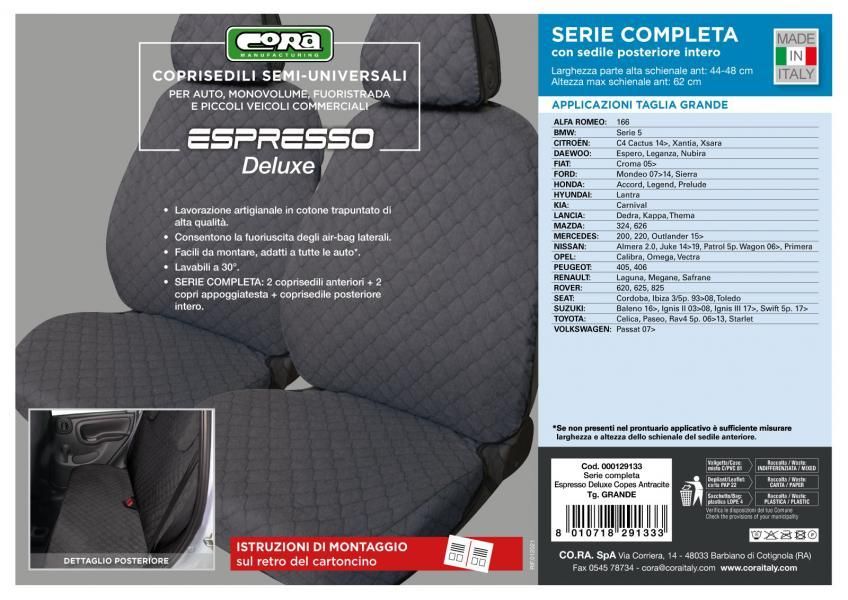 Cora Serie completa coprisedili Espresso Deluxe tg. grande post. intero tessuto cotone trapuntato antracite