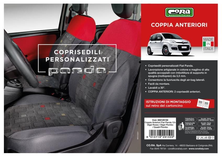 Fundas de asientos delanteros Cora Custom Fiat Panda 12> tejido mezcla de algodón a cuadros gris/rojo