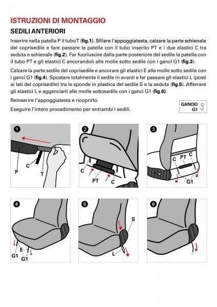 Fundas de asientos delanteros Cora Custom Fiat Panda 12> tejido mezcla de algodón a cuadros gris/rojo
