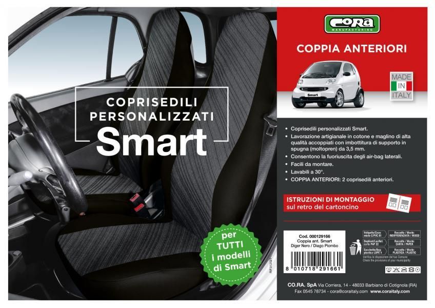 Fundas de asiento delanteras personalizadas Cora para Smart Fortwo, tela de mezcla de algodón gris/negro