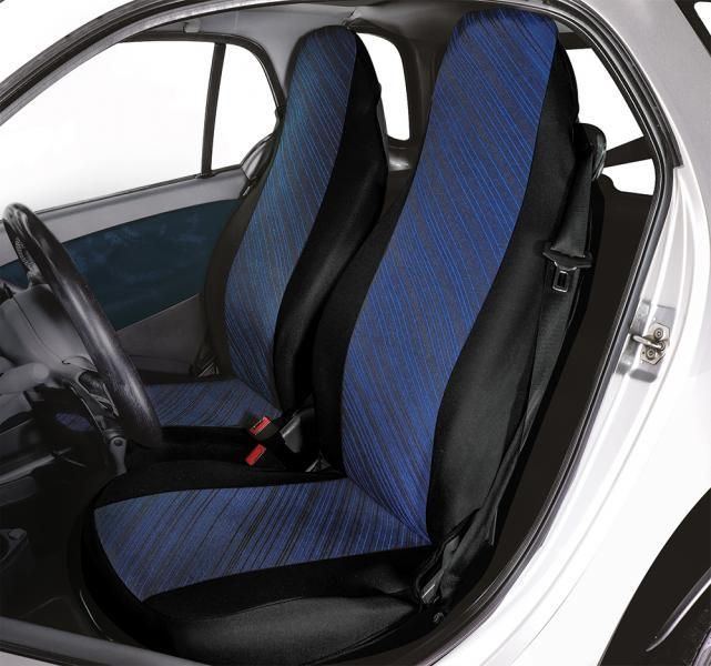 Fundas de asiento delanteras personalizadas Cora para Smart Fortwo, tela de mezcla de algodón azul y negro