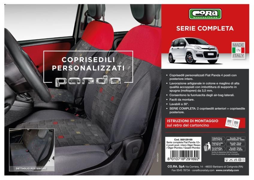 Cora Serie completa coprisedili personalizzati Fiat Panda 12> 4 posti post. intero tessuto misto cotone quadri grigio/rosso