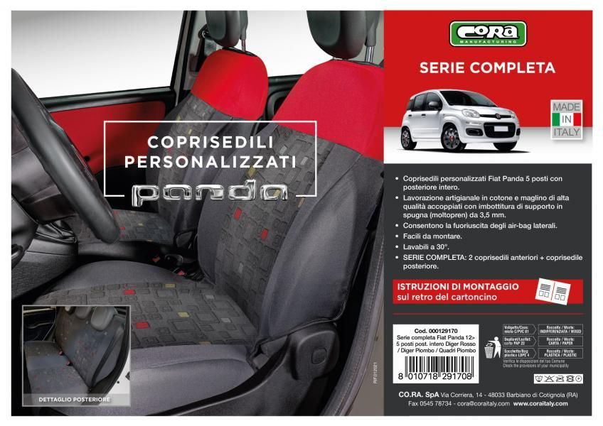 Complete Set of Custom Seat Covers for Fiat Panda 12 > 5 Seats Grey/Red Cora