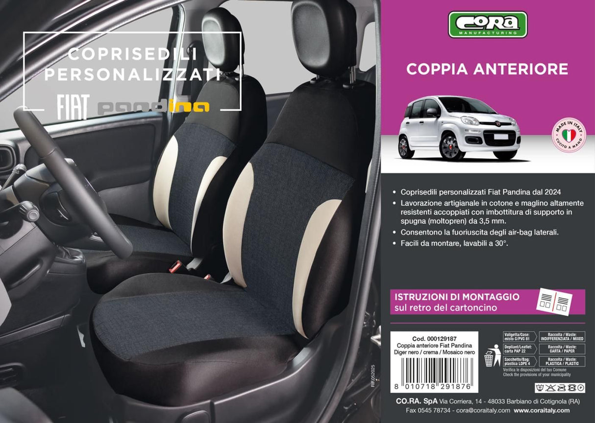 Fundas de asiento delanteras personalizadas Cora Manufacturing para Fiat Pandina 24>, tela de mezcla de algodón negro/crema