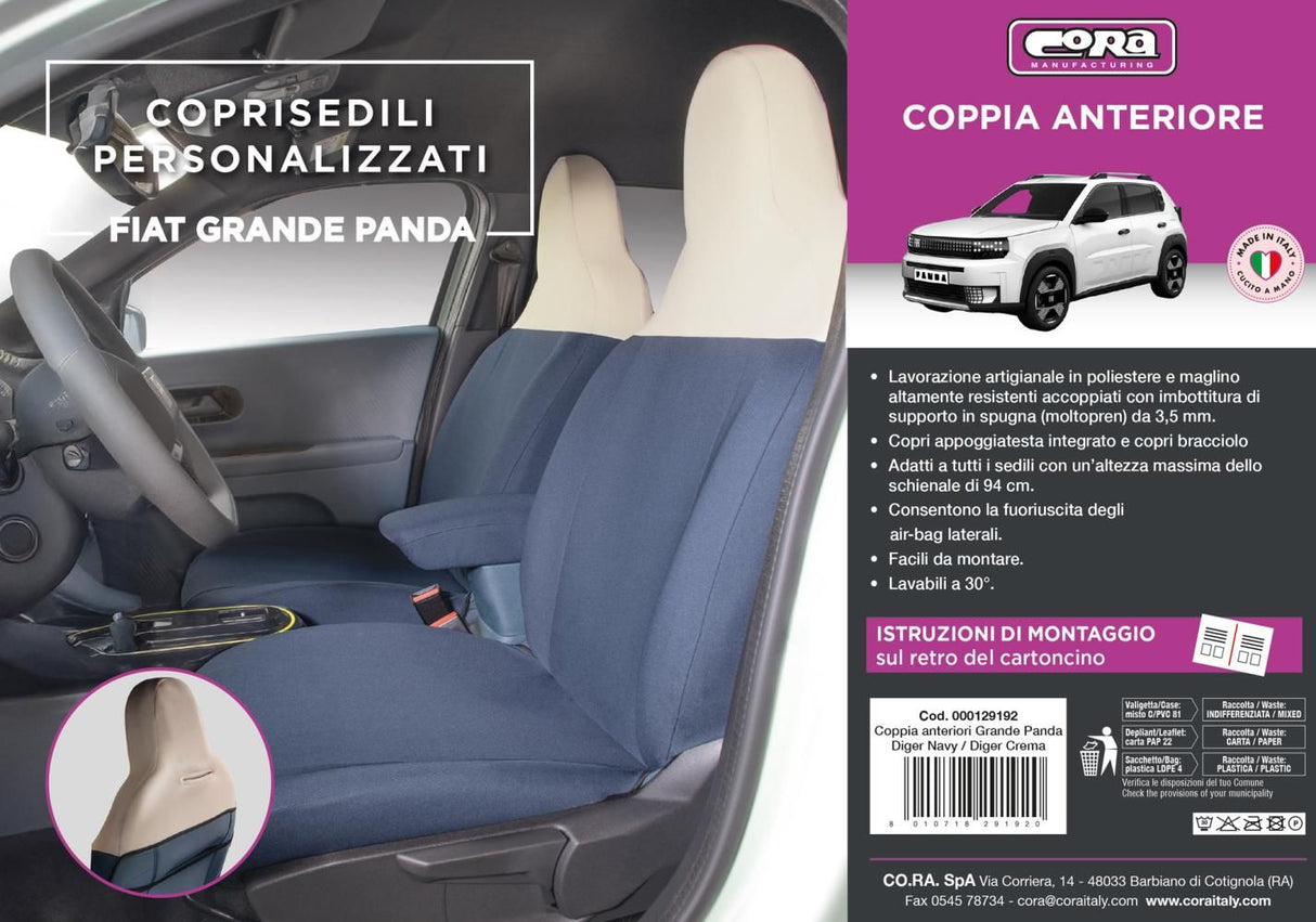 Cora Coprisedili anteriori personalizzati Fiat Grande Panda 25> tess. misto cotone blu navy/crema