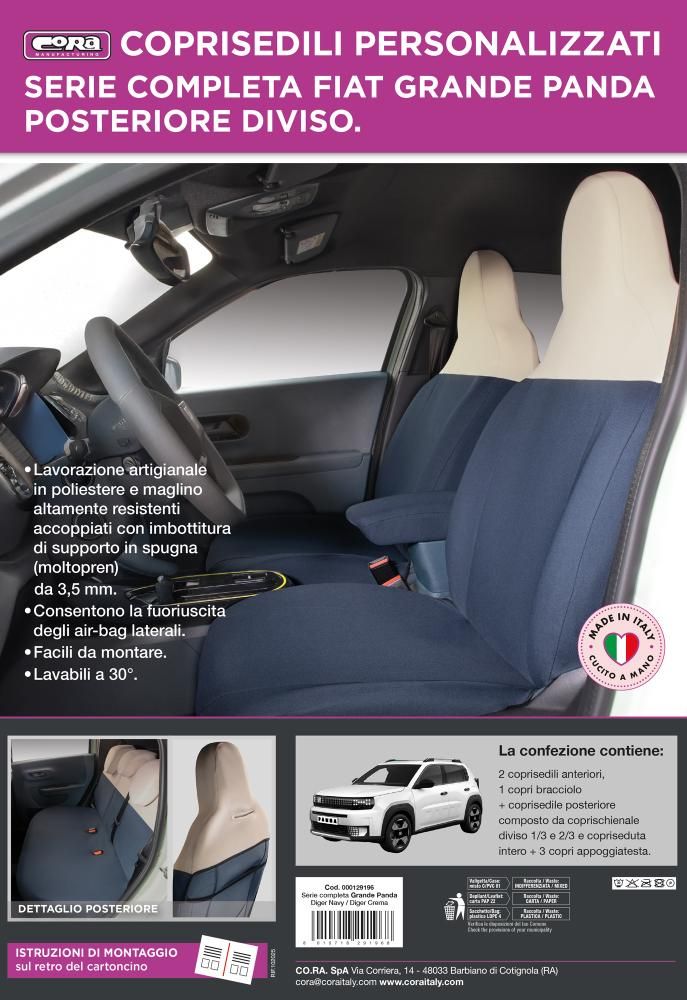 Cora Juego completo de fundas de asientos personalizadas para Fiat Grande Panda 25> 5 plazas traseras, divididas, tejido mezcla de algodón azul marino/crema