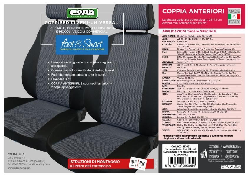 Cora Coprisedili anteriori Fast&Smart tg. speciale tessuto misto cotone antracite/nero