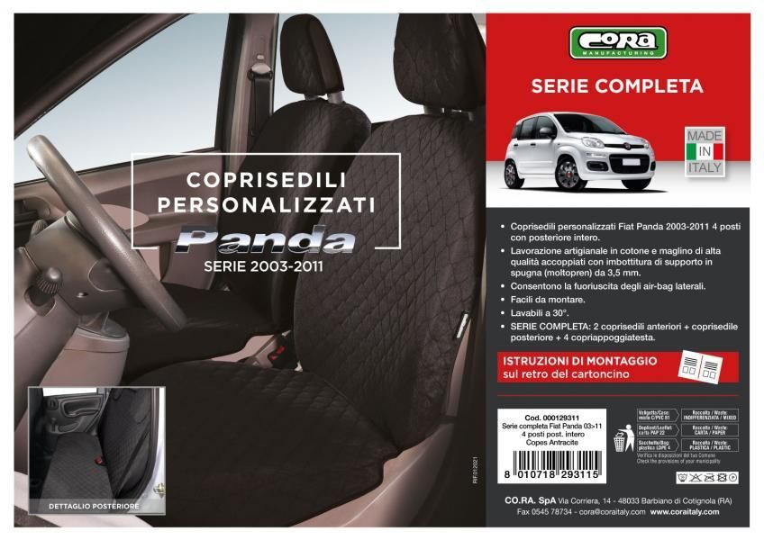 Cora Serie completa coprisedili personalizzati Fiat Panda 03> 4 posti post. intero tessuto cotone trapuntato antracite