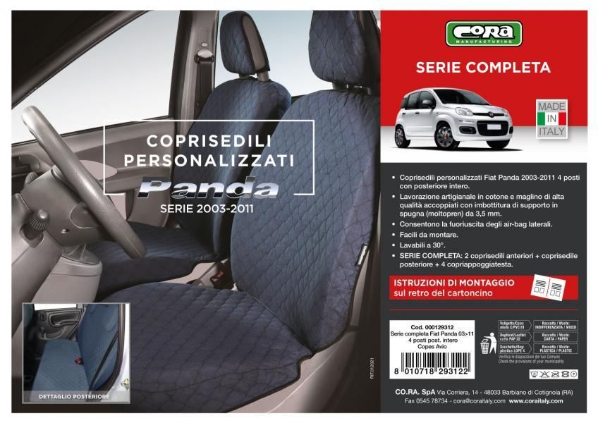 Cora Serie completa coprisedili personalizzati Fiat Panda 03> 4 posti post. intero tessuto cotone trapuntato avio