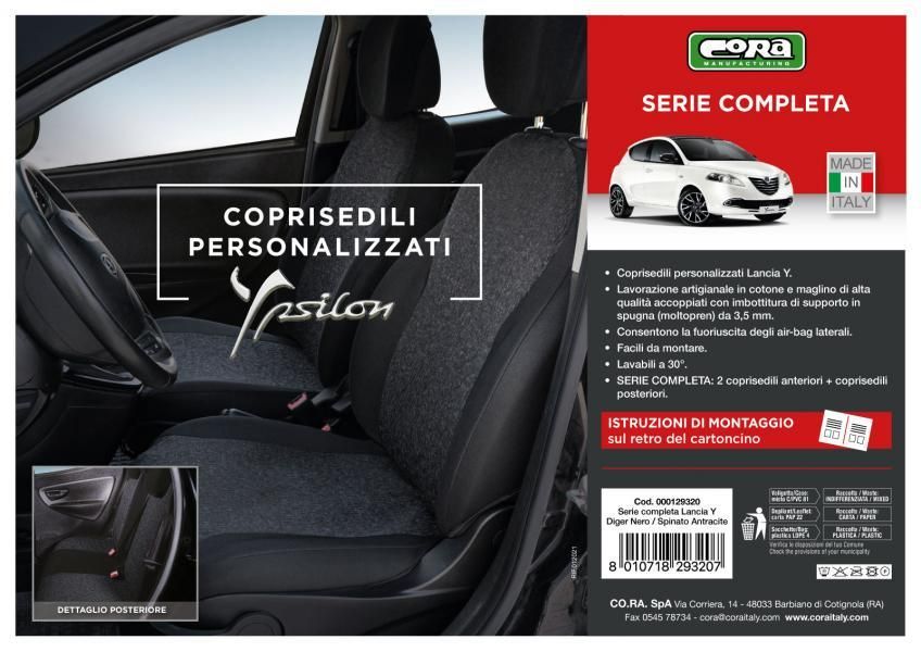 Cora Juego completo de fundas de asiento personalizadas para Lancia Ypsilon 11> en tejido mixto de algodón negro/antracita
