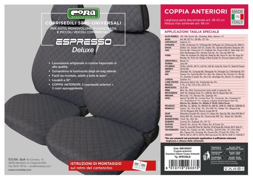 Cora Coprisedili anteriori Espresso tg. speciale tessuto cotone trapuntato antracite