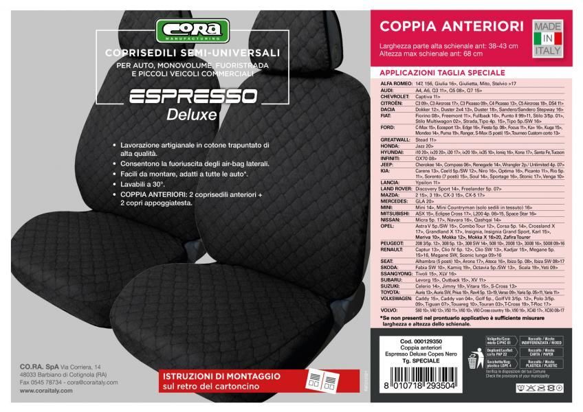 Cora Coprisedili anteriori Espresso tg. speciale tessuto cotone trapuntato nero