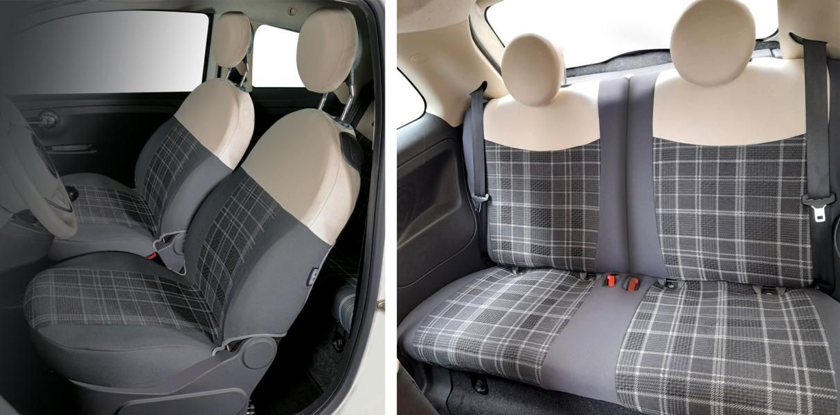 Cora Manufacturing Serie completa coprisedili personalizzati Fiat 500 07> post. diviso tess. misto cotone scozzese grigio/panna