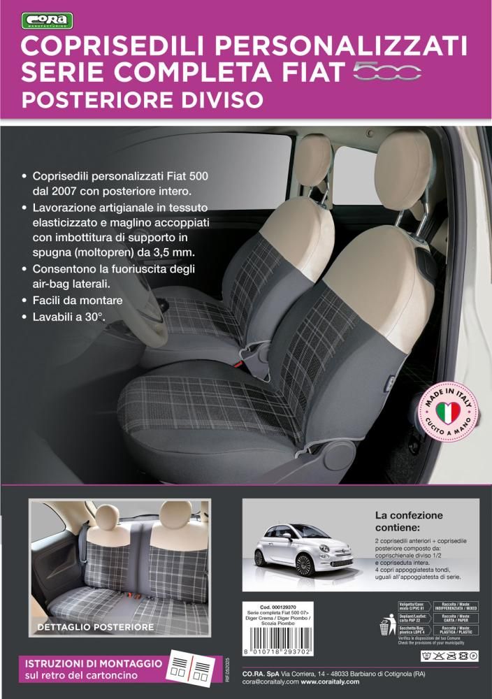 Cora Manufacturing Komplettsatz maßgefertigter Sitzbezüge für Fiat 500 ab Baujahr 2007, geteilte Rückbank, grau/cremefarbenes Tartan-Baumwollmischgewebe