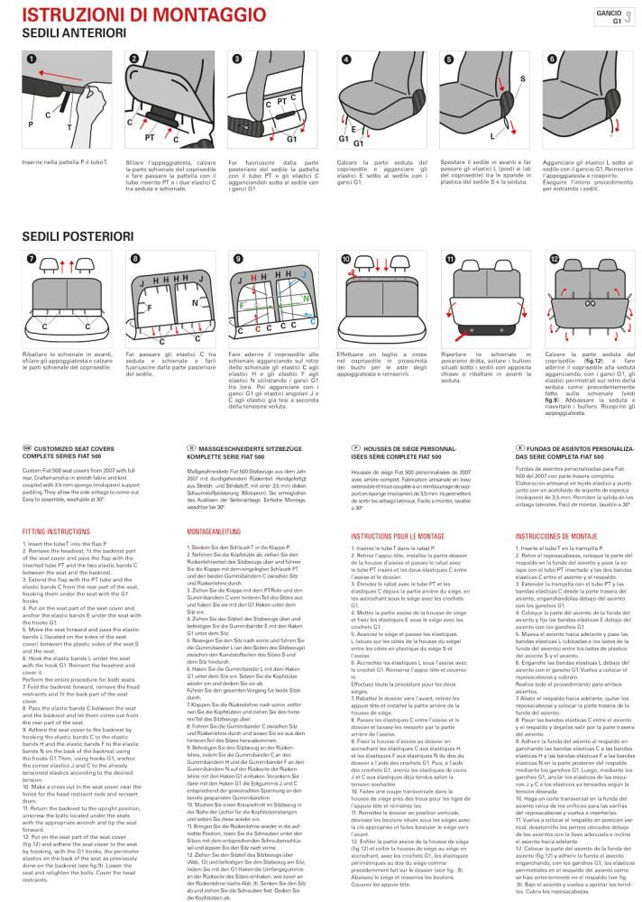 Cora Manufacturing Serie completa coprisedili personalizzati Fiat 500 07> post. diviso tess. misto cotone scozzese grigio/panna