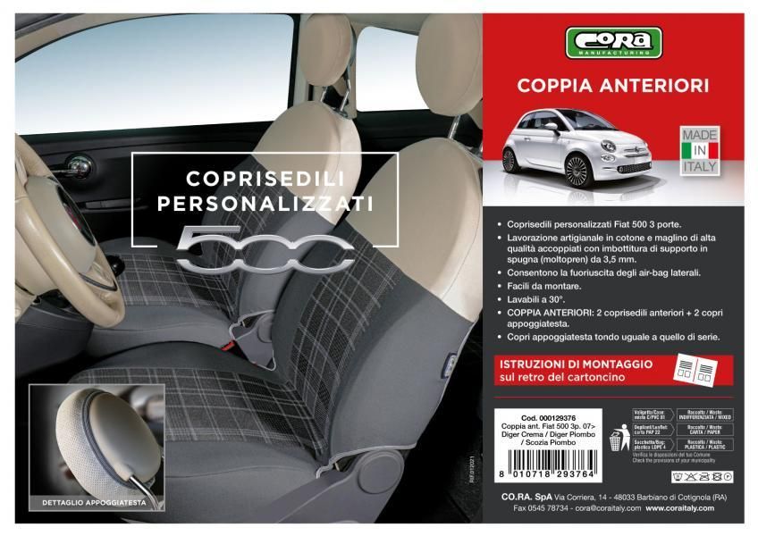 Fundas de asientos delanteros personalizadas para Fiat 500 07> en tejido de mezcla de algodón tartán gris/crema
