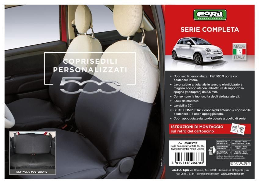 Cora Juego completo de fundas de asiento personalizadas para Fiat 500 07> trasero, largo completo, tejido mezcla de algodón gris/crema