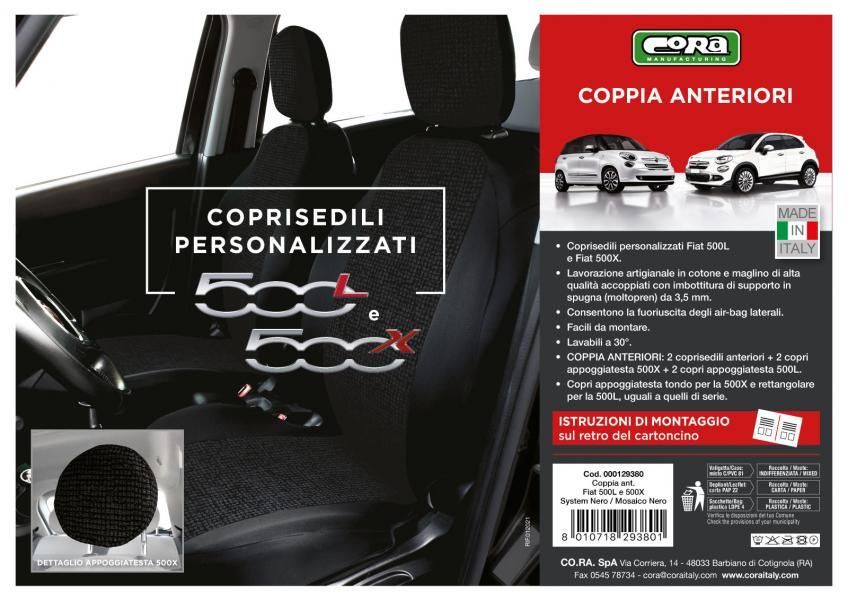 Cora Custom Front Seat Covers Fiat 500X-500L Black Mosaic Cotton Blend Fabric