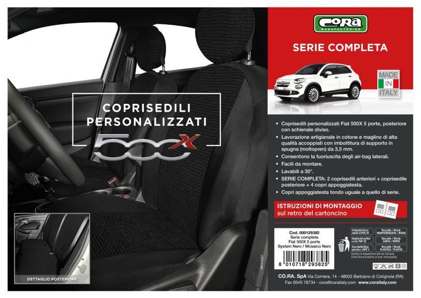 Cora Serie completa coprisedili personalizzati Fiat 500X tessuto misto cotone mosaico nero
