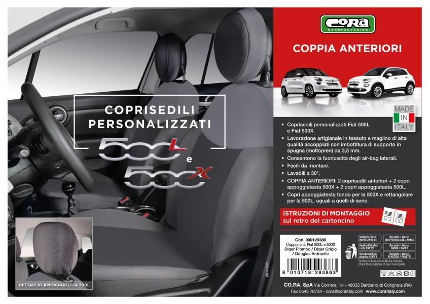 Fundas de asientos delanteros Cora Custom para Fiat 500X y 500L en tejido antracita/gris plomo