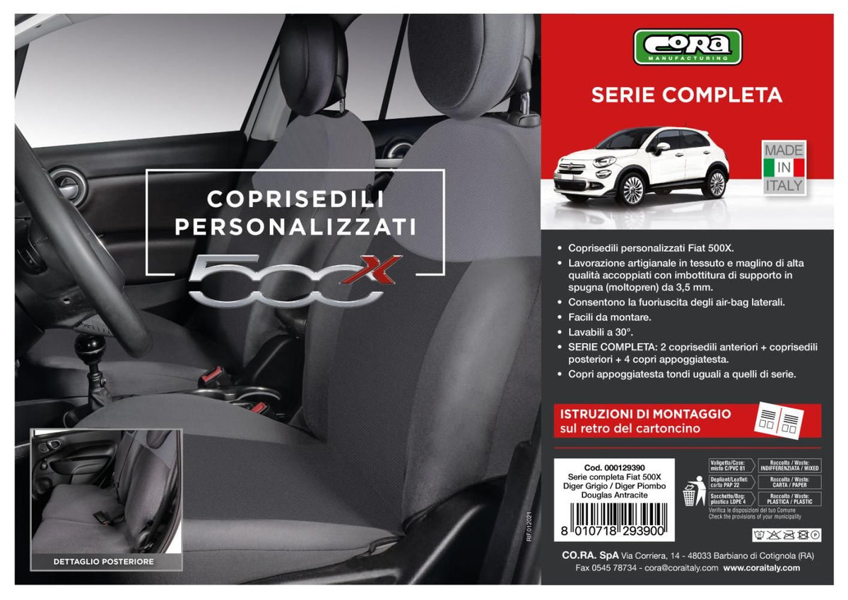 Cora Juego completo de fundas de asientos personalizadas para Fiat 500X en tejido antracita/gris plomo