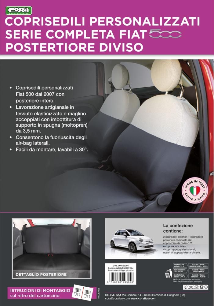 Cora Manufacturing Juego completo de fundas de asiento personalizadas para Fiat 500 07> con división trasera, tejido de algodón mixto, gris/crema