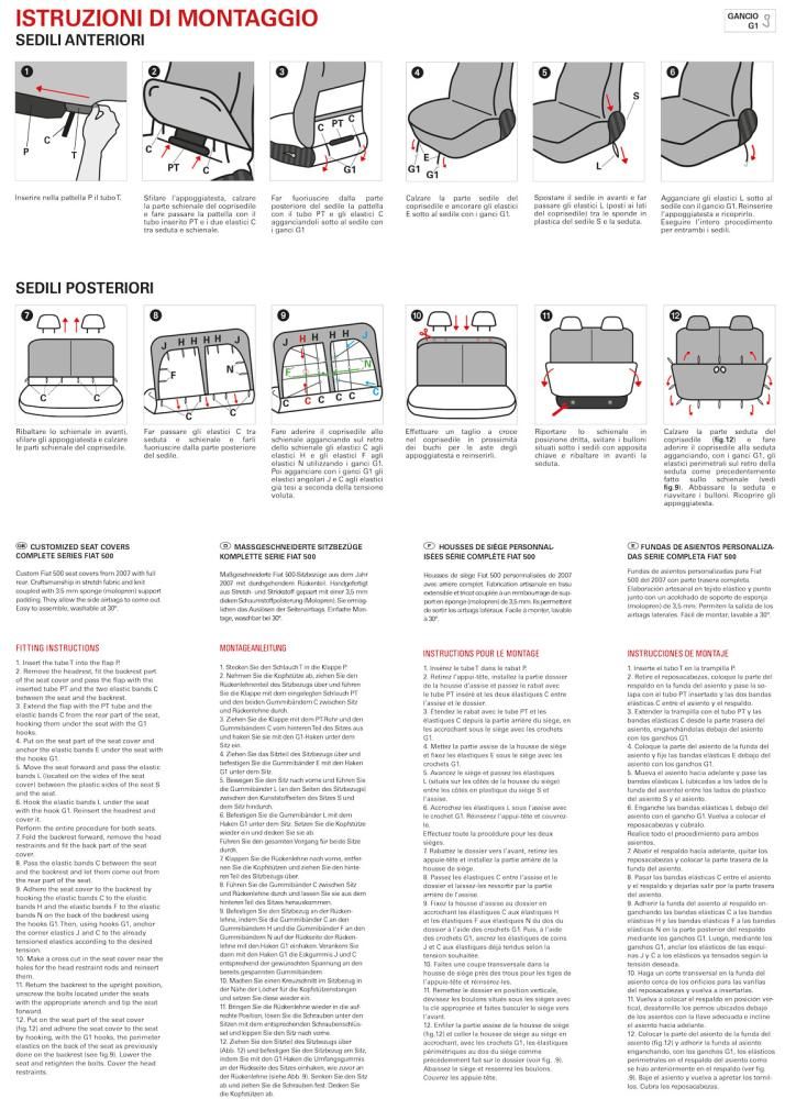 Cora Manufacturing Juego completo de fundas de asiento personalizadas para Fiat 500 07> con división trasera, tejido de algodón mixto, gris/crema