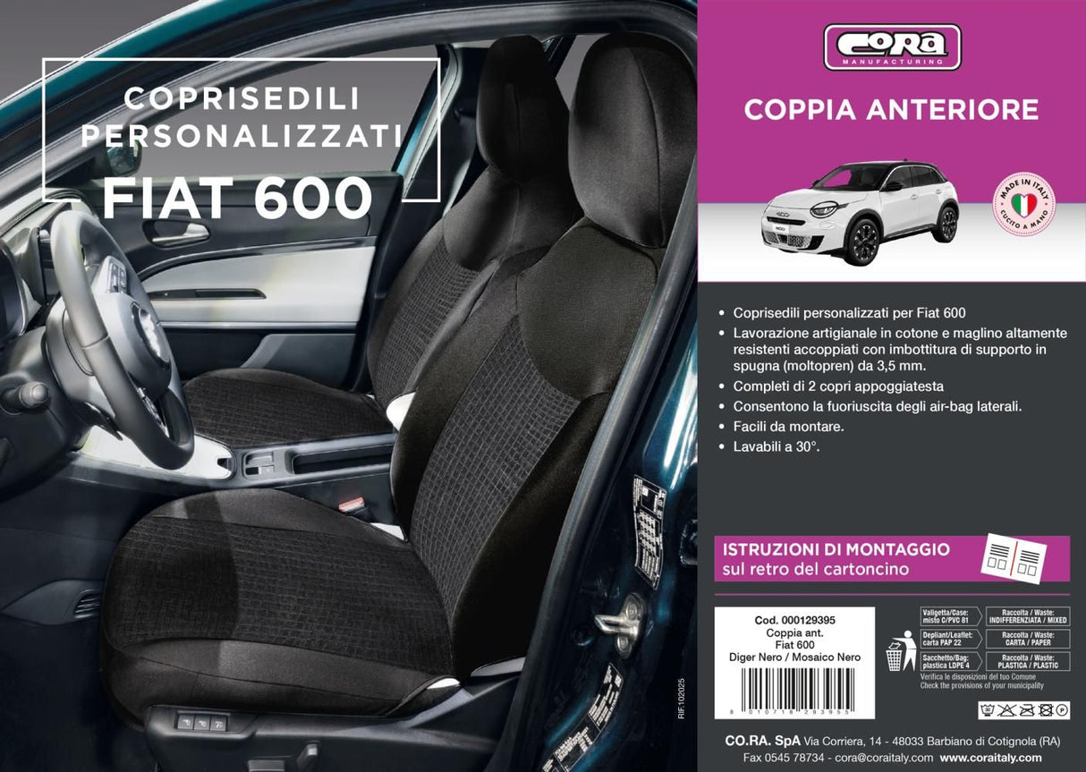 Cora Coprisedili anteriori personalizzati Fiat 600 23> tess. misto cotone nero/mosaico nero