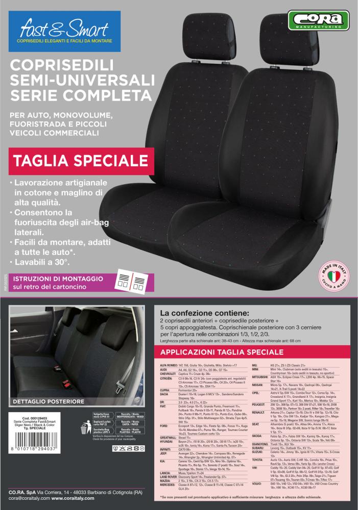 Cora Manufacturing Serie completa coprisedili Fast&Smart tg. speciale tess. misto cotone nero/black&color
