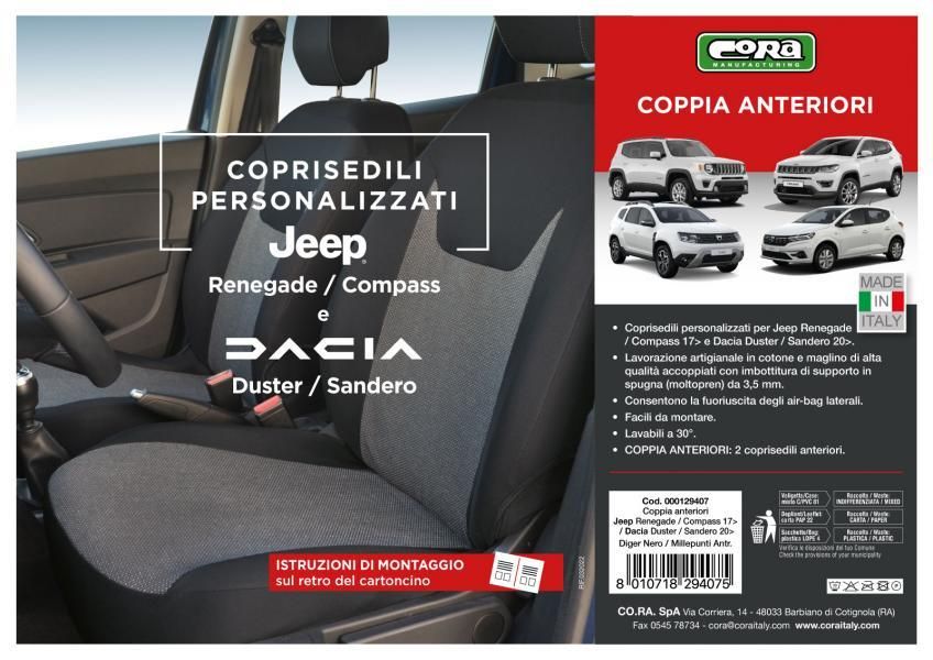 Fundas de asientos delanteros Cora Custom JEEP Renegade 14>/Compass 17>, DACIA D