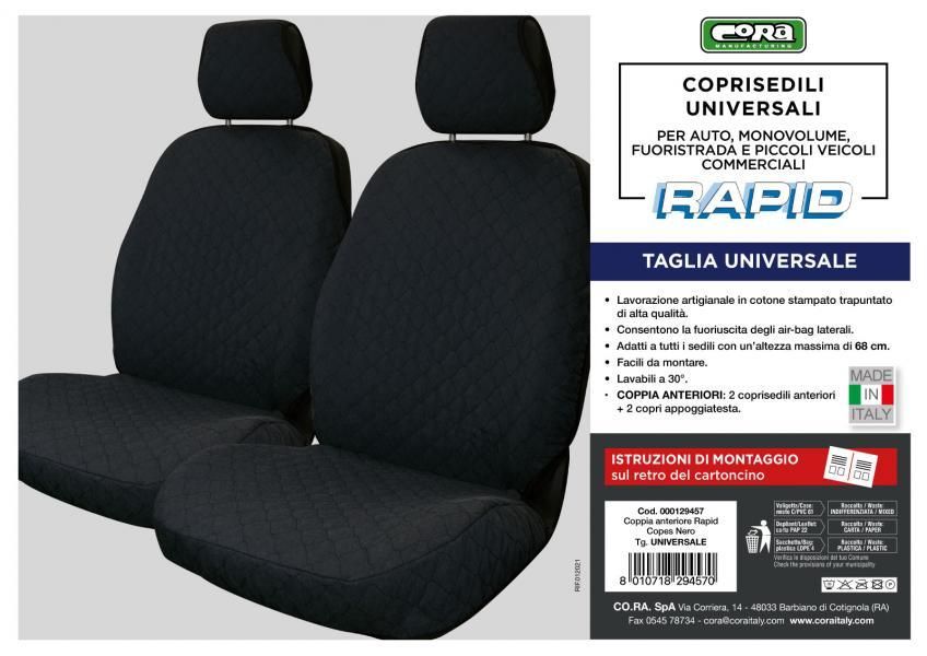 Fundas de asiento delantero Cora Rapid, tamaño universal, tela de algodón acolchada negra