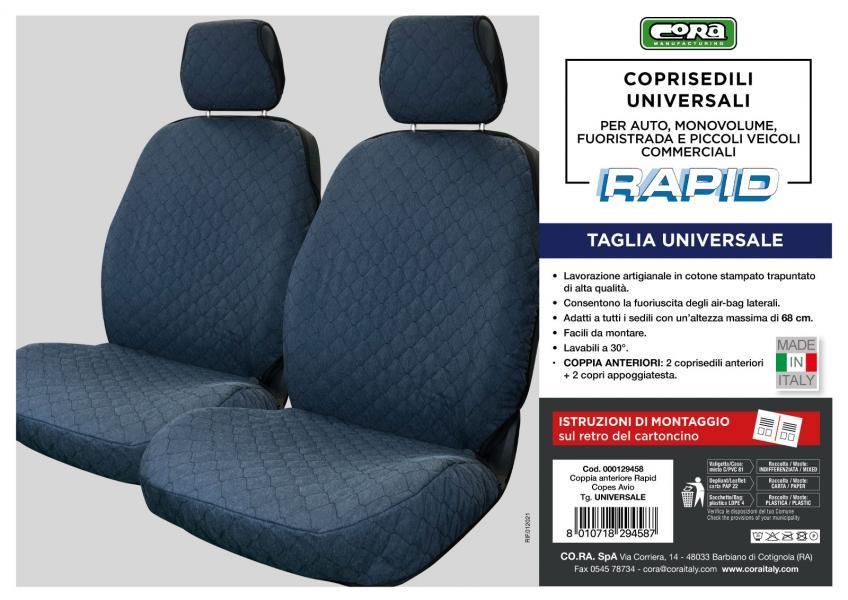 Fundas de asiento delantero Cora Rapid, tamaño universal, tejido de algodón acolchado, azul fuerza aérea