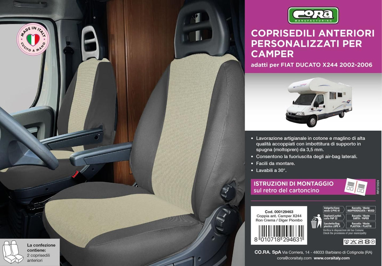 Fundas de asientos delanteros Cora para furgoneta/camper Ducato X244 (2002-2006) Ron Crema
