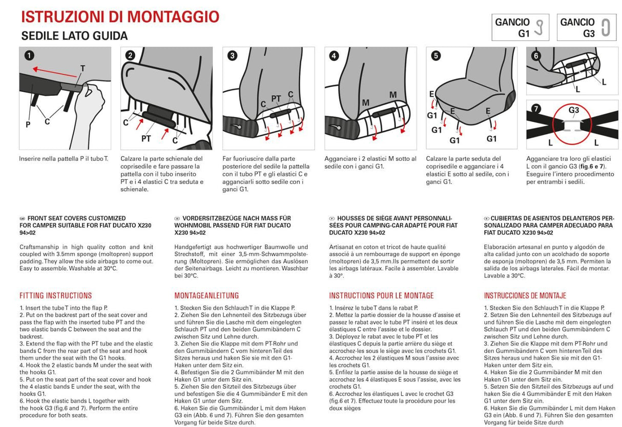 Fundas de asientos delanteros para furgoneta/camper Ducato X230 (1994-2002) Escocia Avio Cora