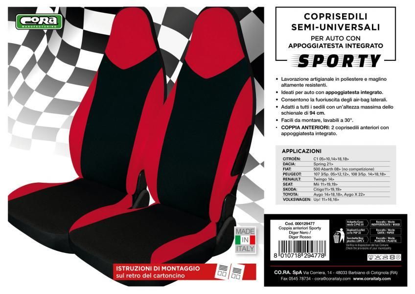 Cora Coprisedili anteriori Sporty tg. unica tess. nero/rosso