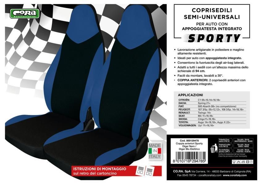 Fundas de asientos delanteros Cora Sporty, talla única, tela negra/azul eléctrico