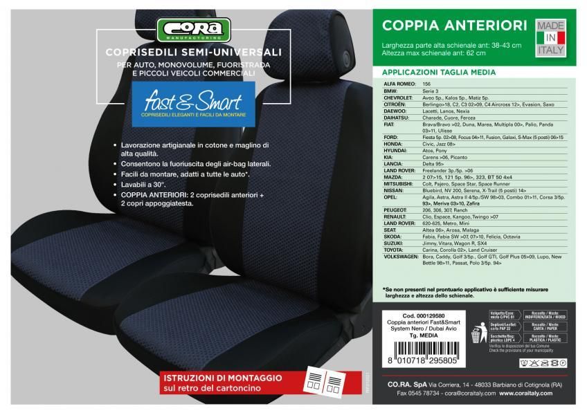 Fundas de asiento delantero Cora Fast&Smart, tamaño mediano, tela de mezcla de algodón azul militar/negro