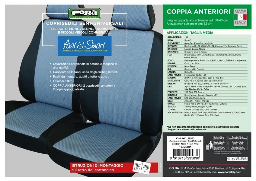 Fundas de asiento delantero Cora Fast&Smart, tamaño mediano, tela de mezcla de algodón azul militar/negro
